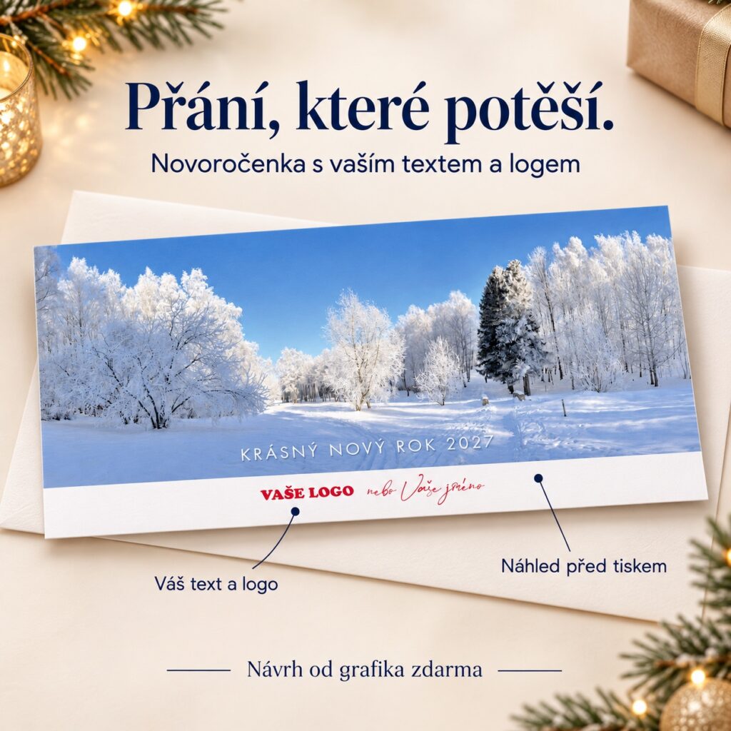 Krajina zapadnutá snehom – novoročenka s ponukou vlastného textu a loga.