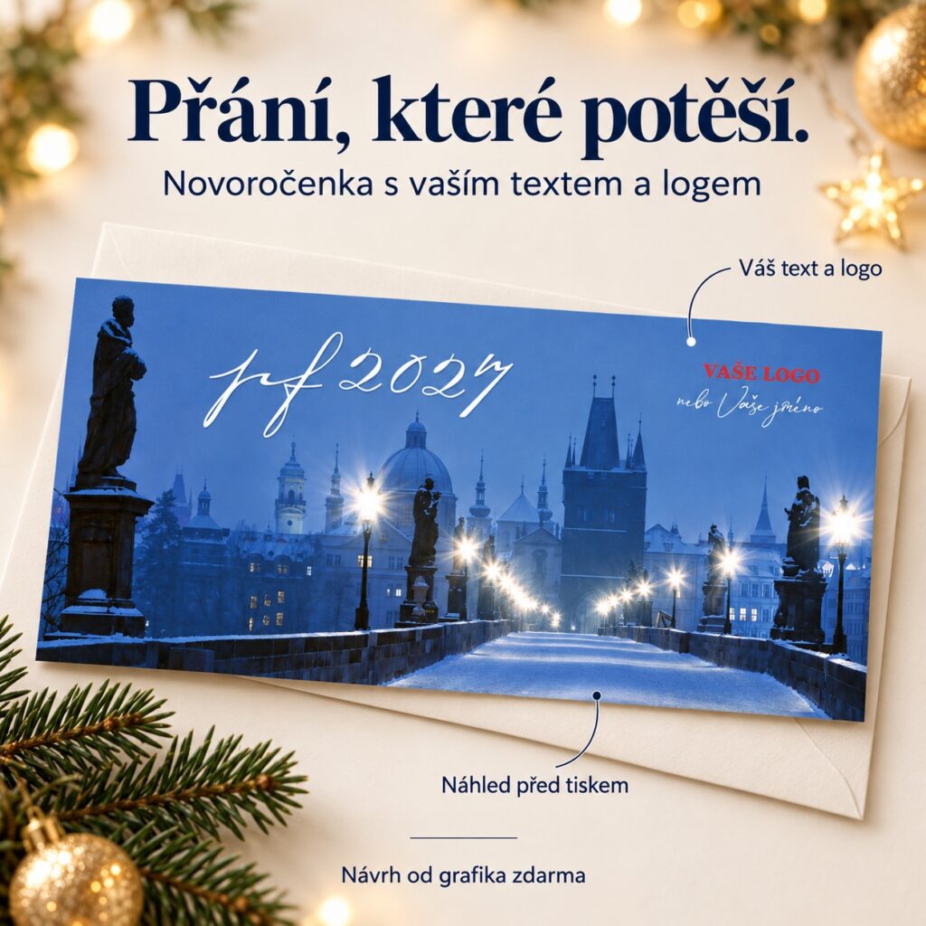 Osvetlený Karlov most v noci – novoročenka s ponukou vlastného textu a loga.