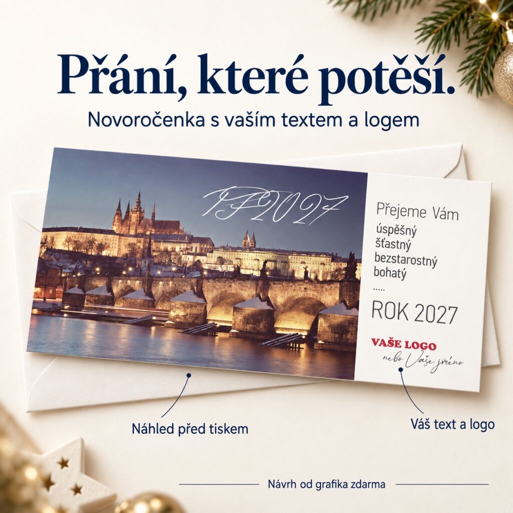 Sviatočný Pražský hrad s Karlovým mostom v popredí – novoročenka s ponukou vlastného textu a loga.