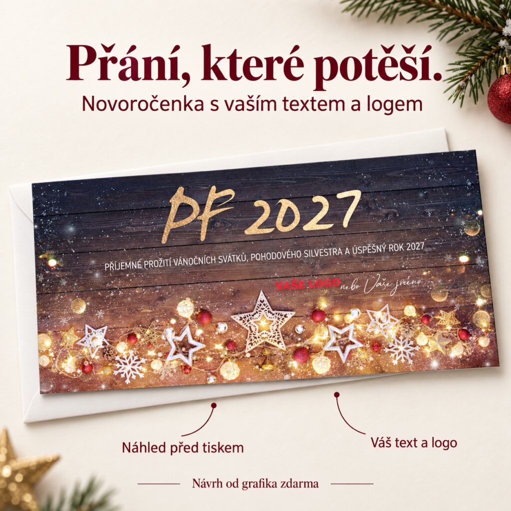Žiarivé vianočné ozdoby a drevo – novoročenka s ponukou vlastného textu a loga.