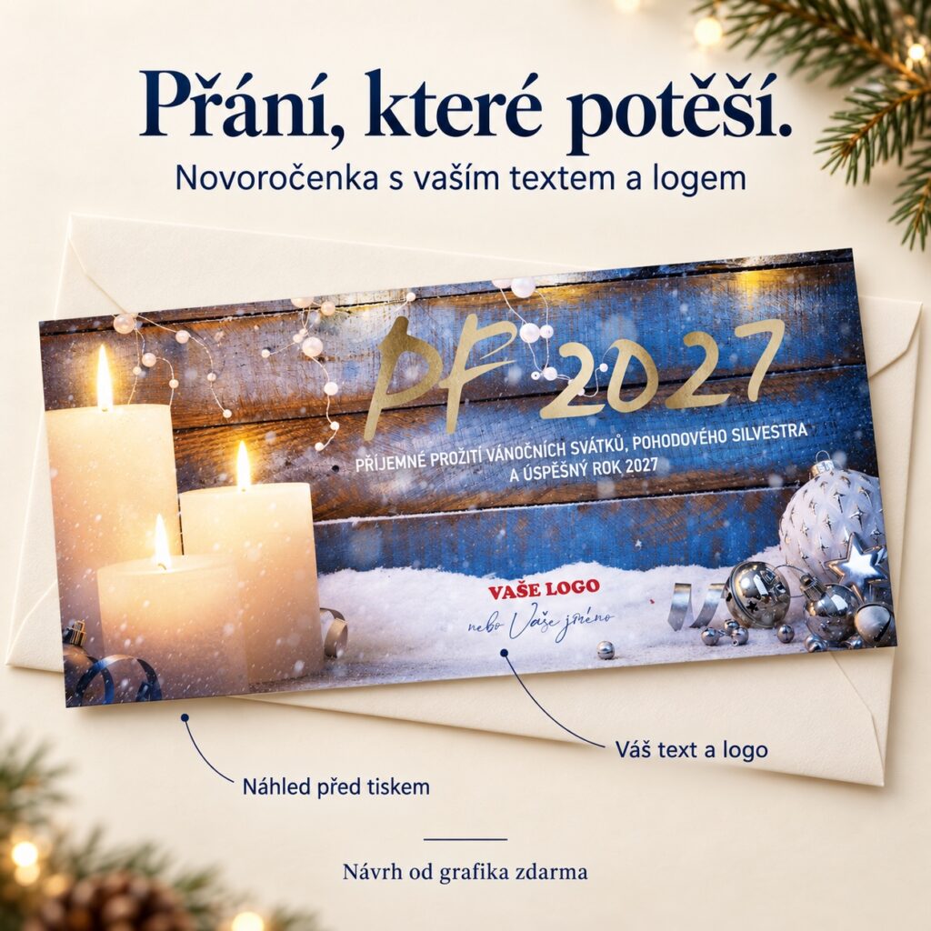 Sviečky s ozdobami s atmosférou Vianoc – novoročenka s ponukou vlastného textu a loga.