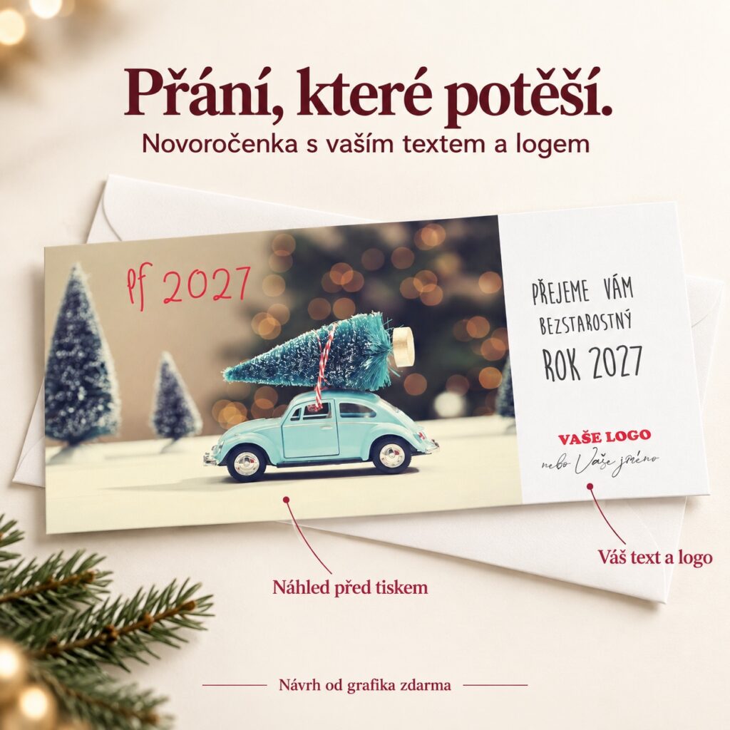 VW Chrobák so stromčekom na streche – novoročenka s ponukou vlastného textu a loga.