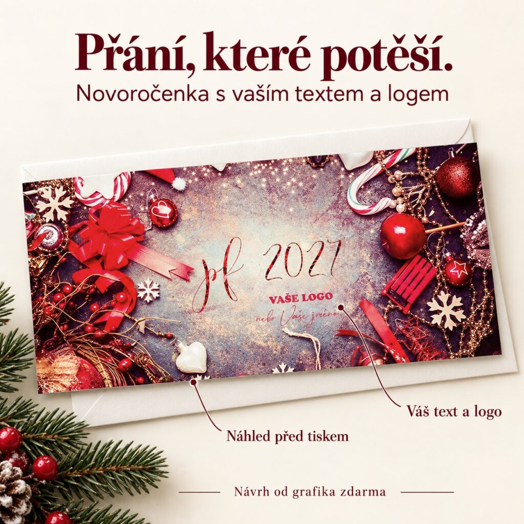 Červená vianočná atmosféra – novoročenka s ponukou vlastného textu a loga.