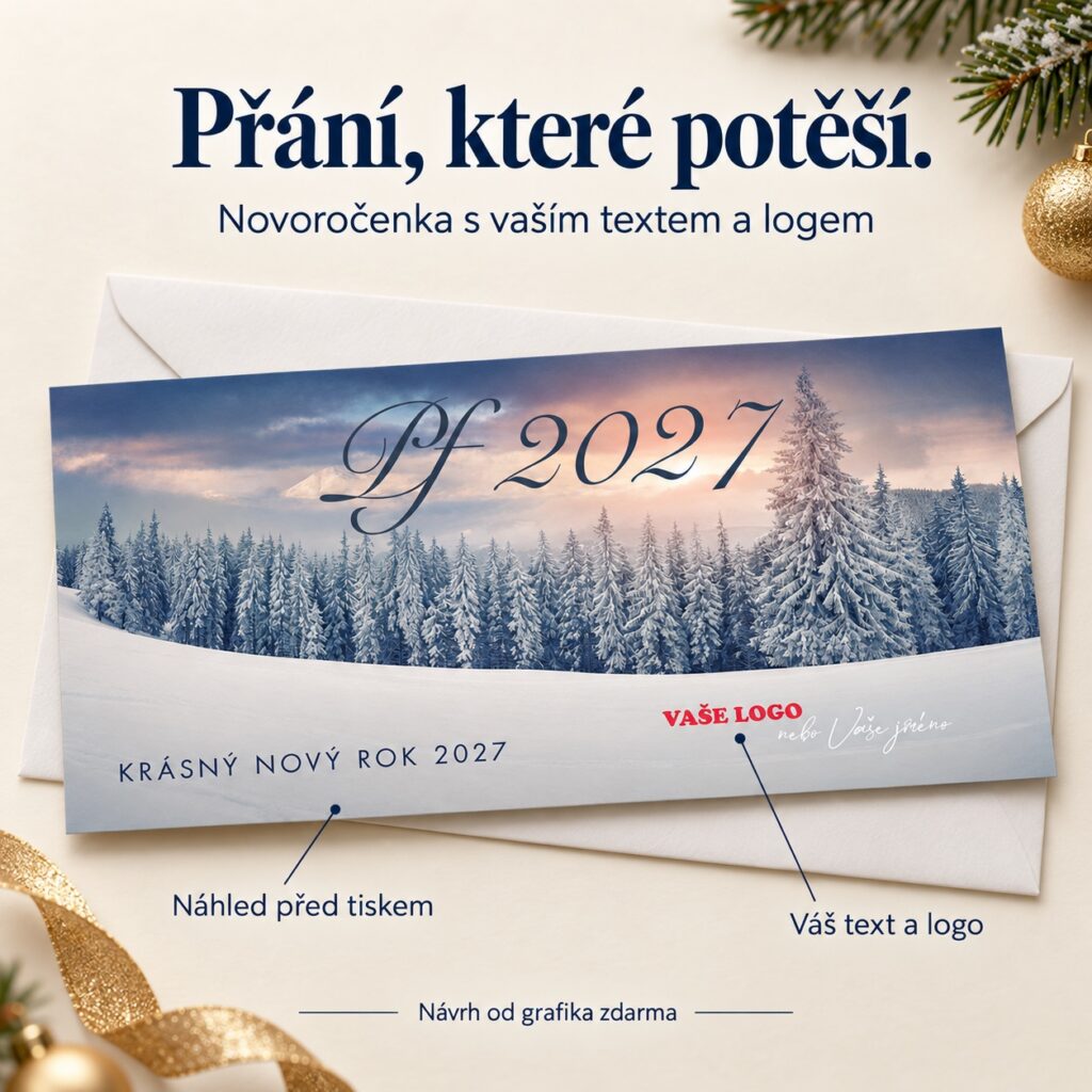 Zimná krajina – novoročenka s ponukou vlastného textu a loga.