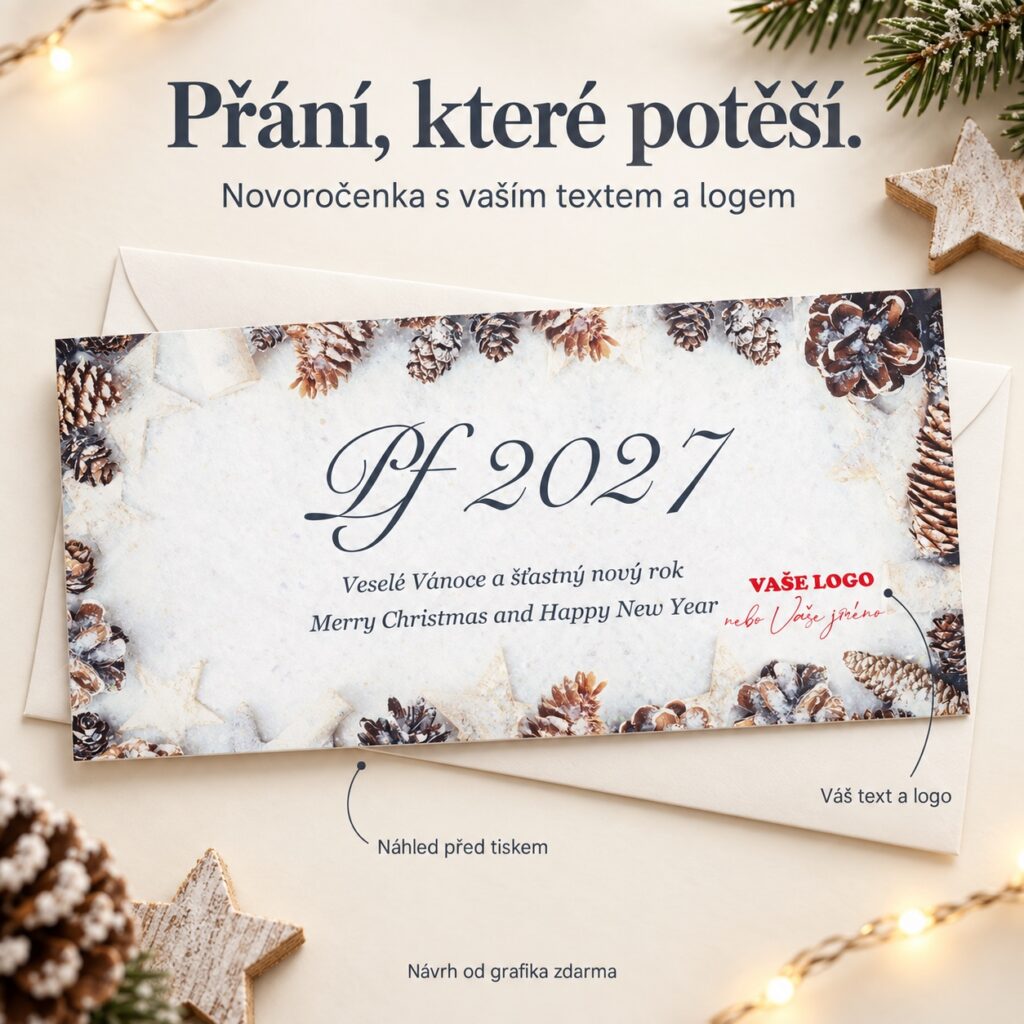 Zasnežené šišky – novoročenka s ponukou vlastného textu a loga.