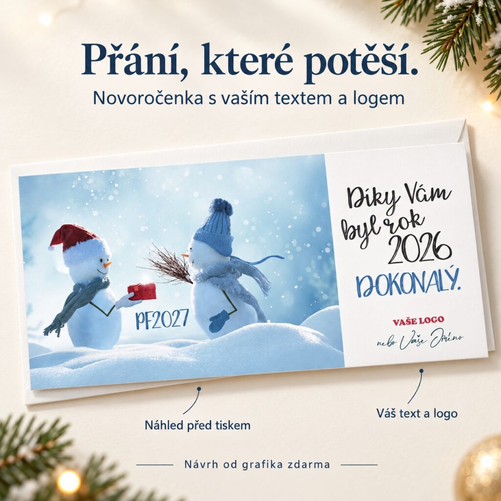 Dvaja snehuliaci si dávajú vianočný darček – novoročenka s ponukou vlastného textu a loga.