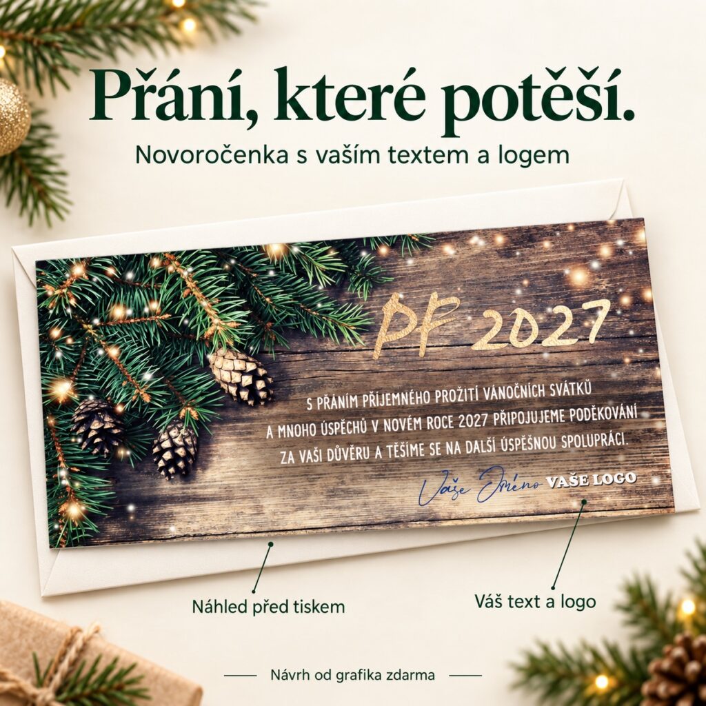 Ihličie so šiškami – novoročenka s ponukou vlastného textu a loga.