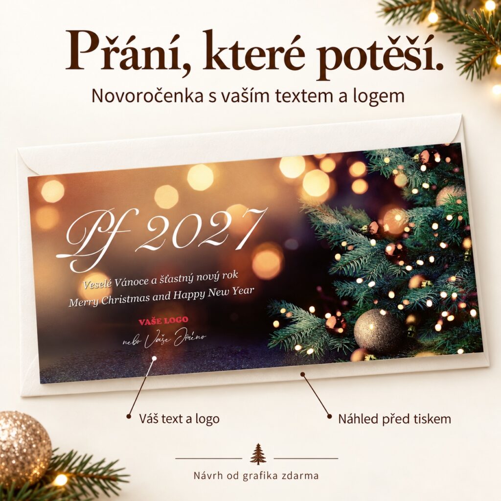 Vianočný stromček – novoročenka s ponukou vlastného textu a loga.