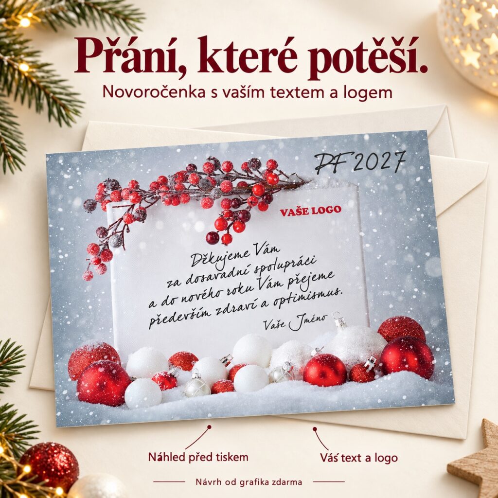 Zasnežené plátno – novoročenka s ponukou vlastného textu a loga.