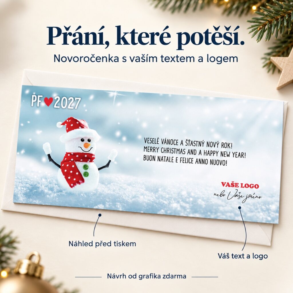 Veselý snehuliak – novoročenka s ponukou vlastného textu a loga.