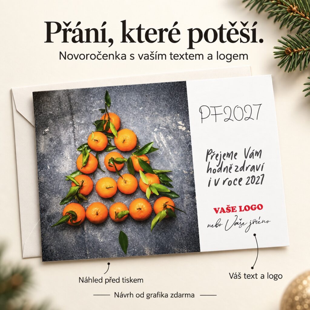 Stromček plný zdravia – novoročenka s ponukou vlastného textu a loga.