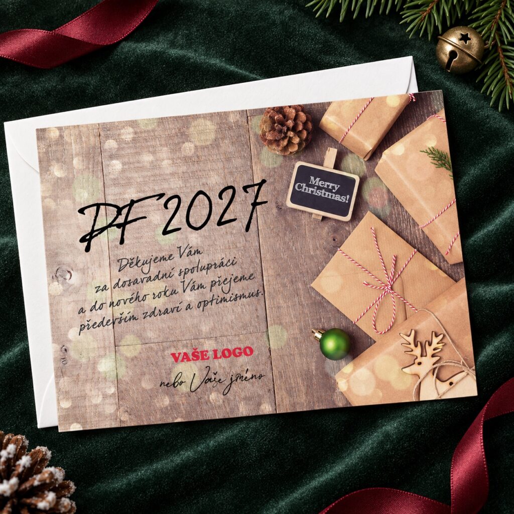 Merry Christmas – novoročenka s obálkou pri pohľade zhora.