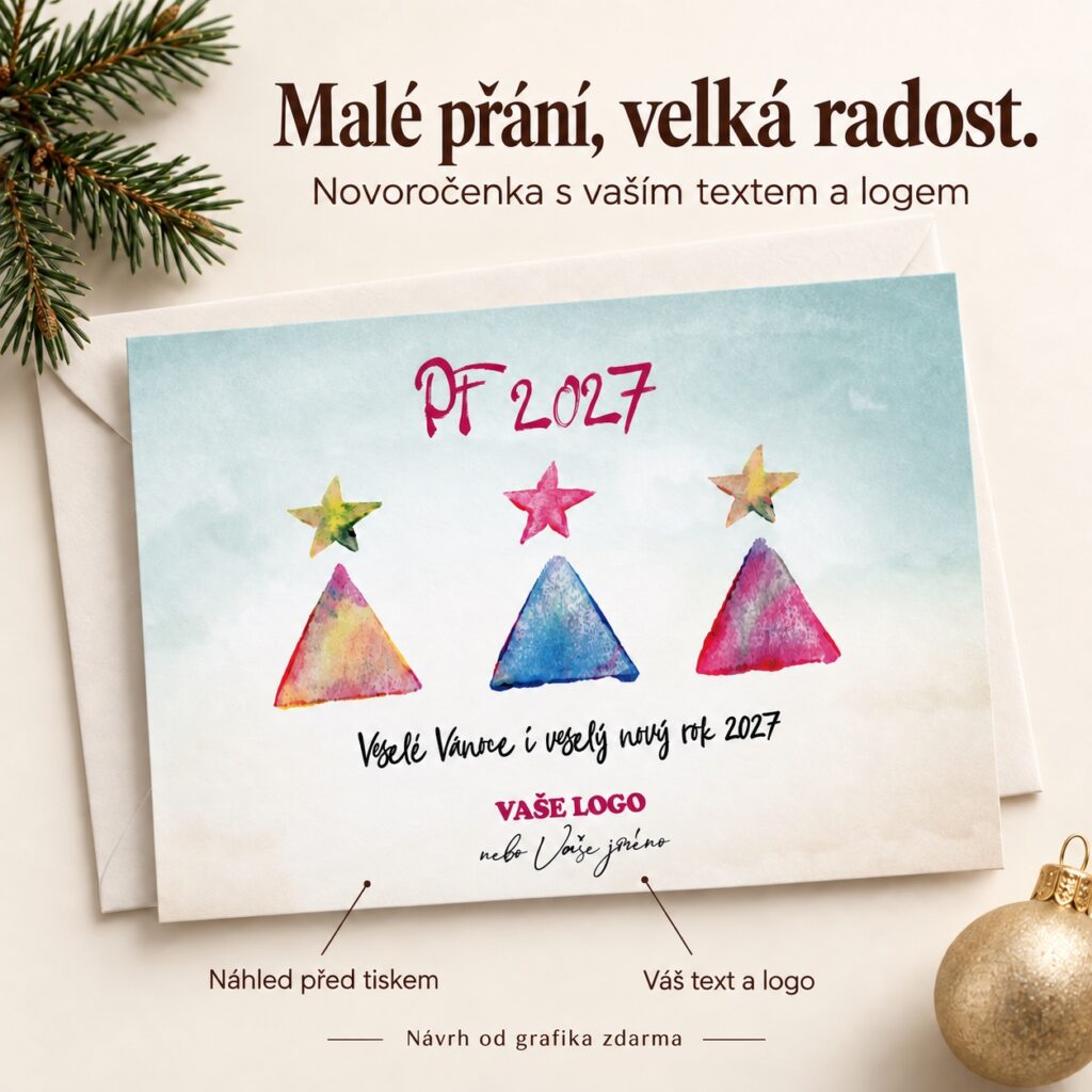 Tri vianočné stromčeky – novoročenka s ponukou vlastného textu a loga.