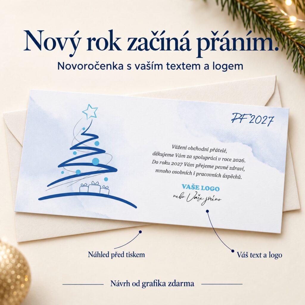 Abstraktný stromček na BOHO pozadí – novoročenka s ponukou vlastného textu a loga.