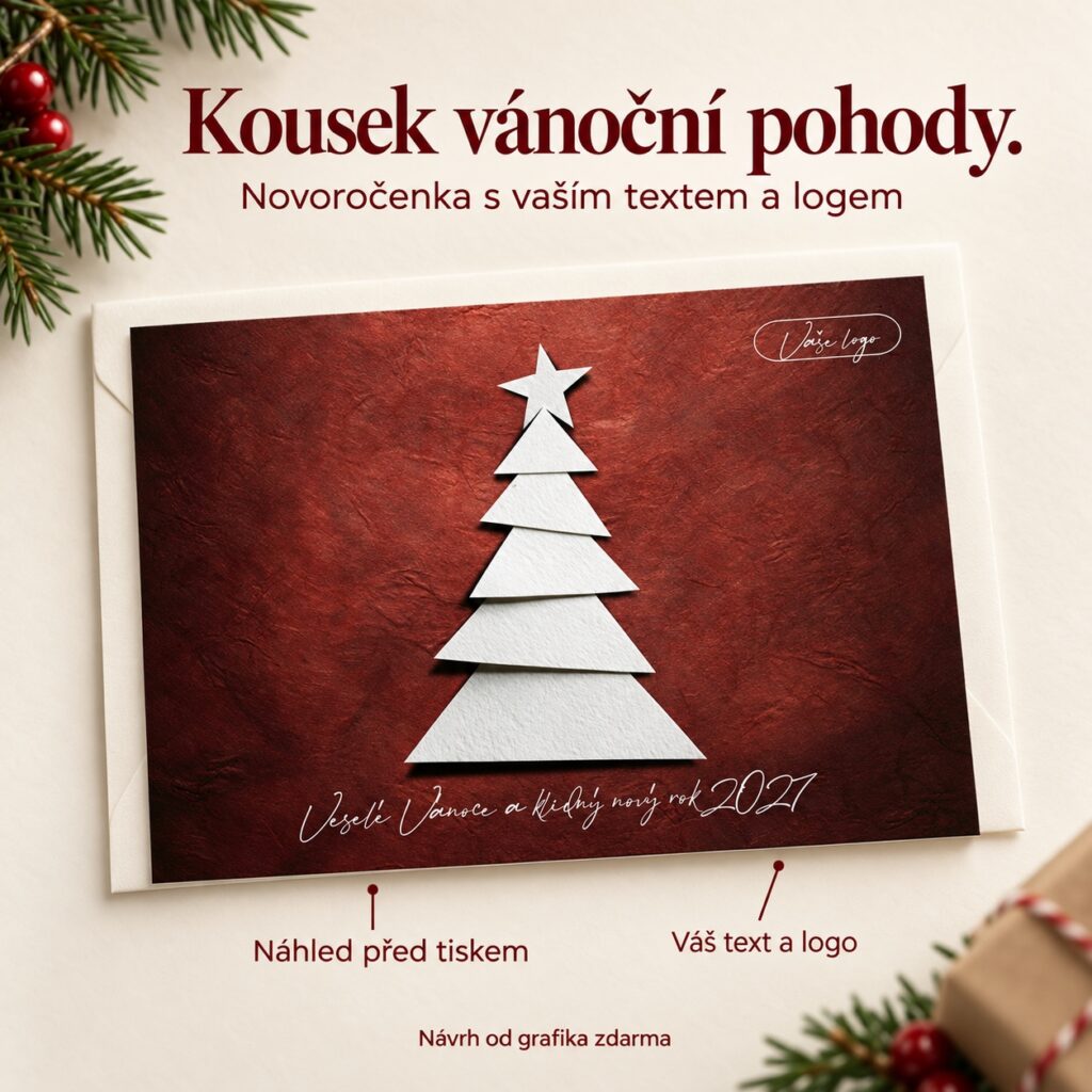 Papierový vianočný stromček – novoročenka s ponukou vlastného textu a loga.