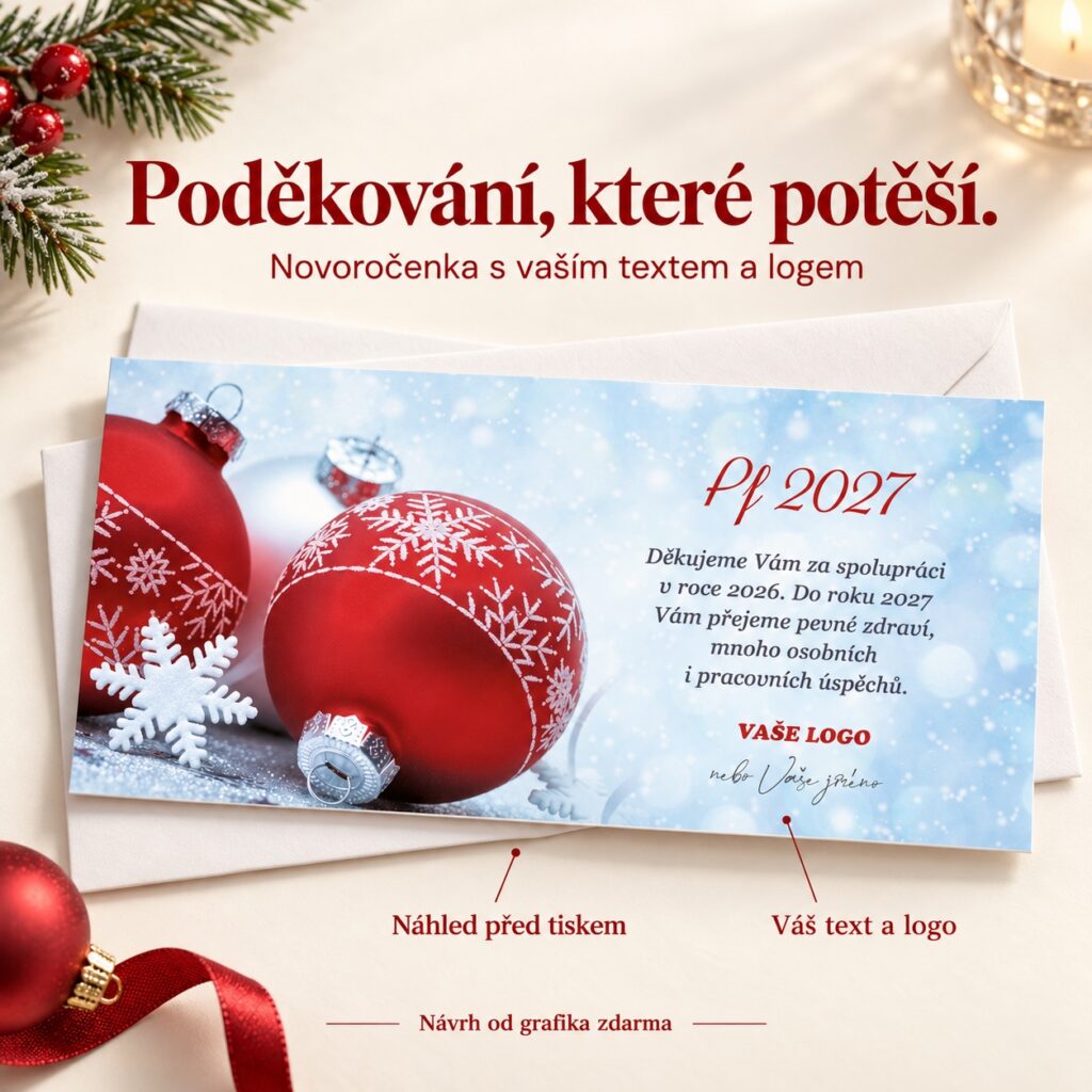 Červené ozdoby na trblietavom pozadí – novoročenka s ponukou vlastného textu a loga.