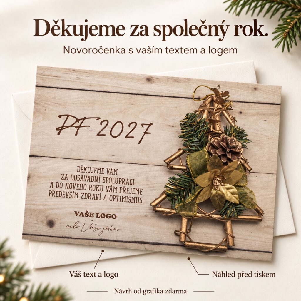 Pozlátený vianočný stromček – novoročenka s ponukou vlastného textu a loga.