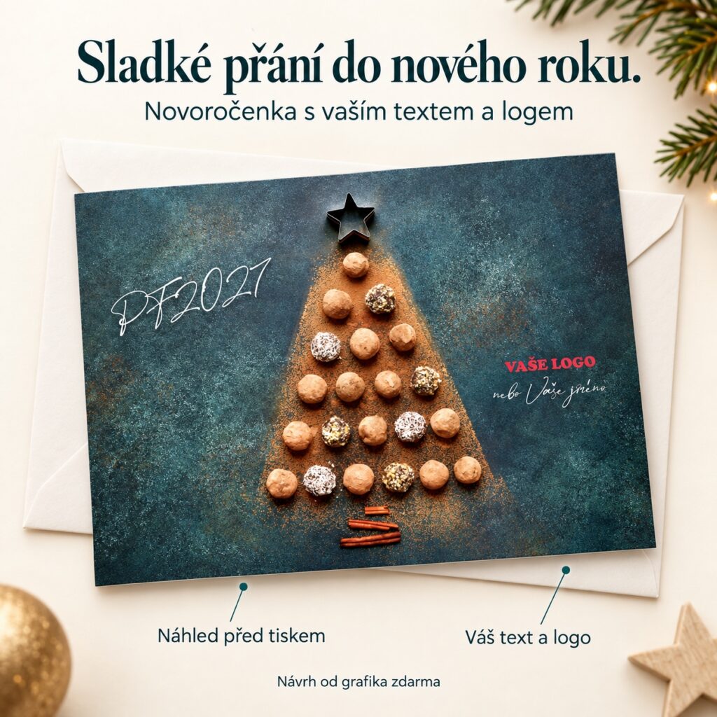 Stromček z vianočného pečiva – novoročenka s ponukou vlastného textu a loga.