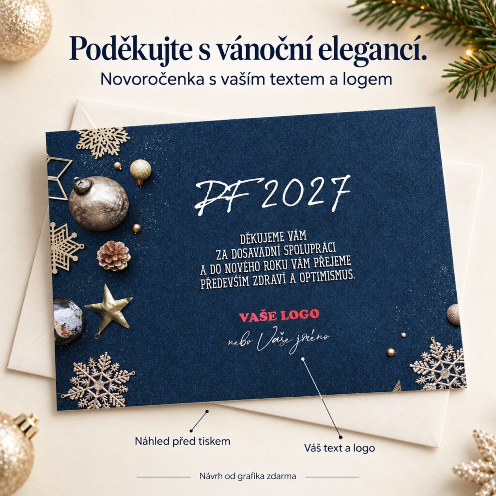 Ozdoby na modrej – novoročenka s ponukou vlastného textu a loga.