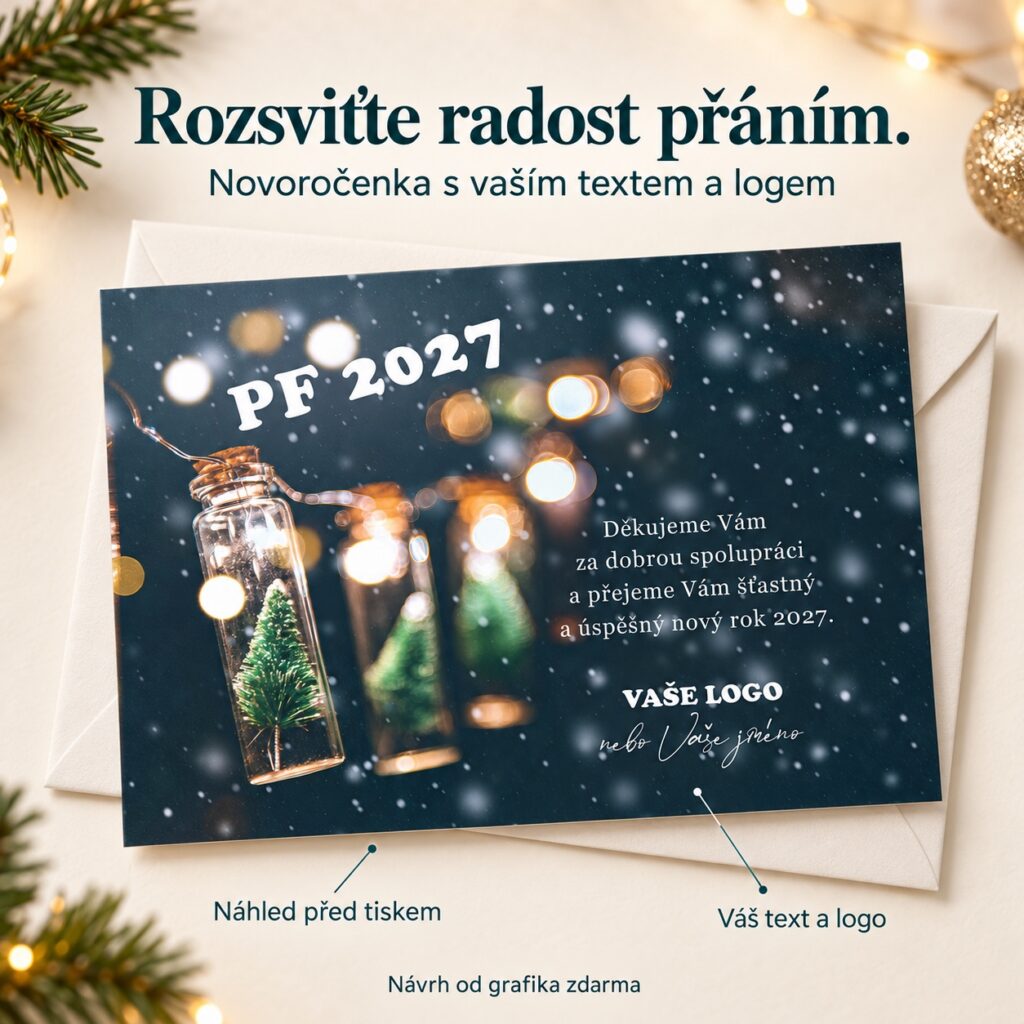 Stromčeky a svetielka – novoročenka s ponukou vlastného textu a loga.