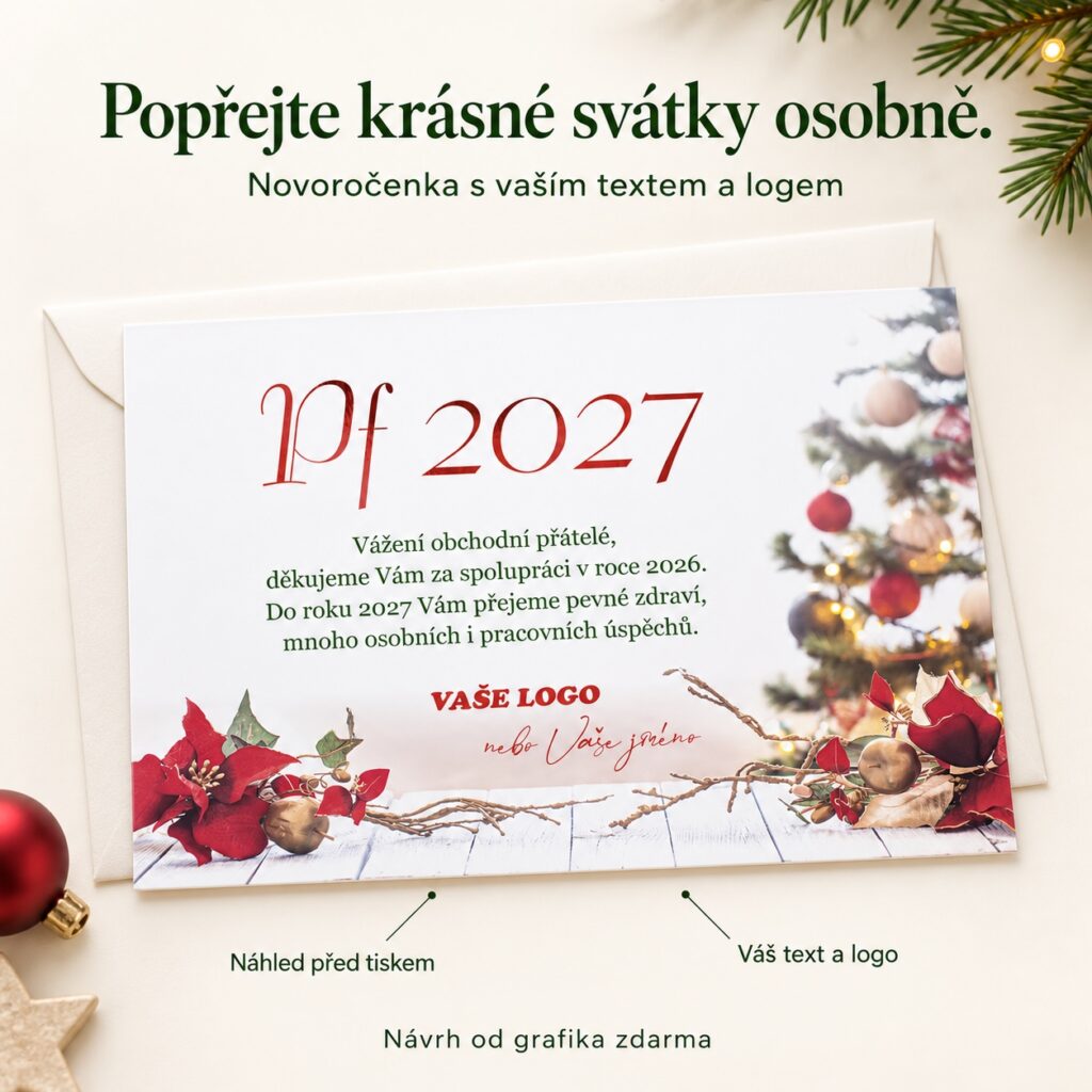 Stromček s vianočnou ružou – novoročenka s ponukou vlastného textu a loga.