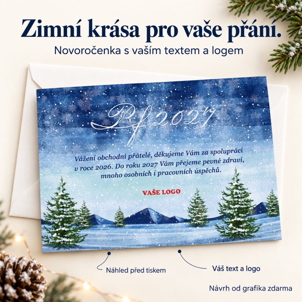 Zimná nočná krajina – novoročenka s ponukou vlastného textu a loga.