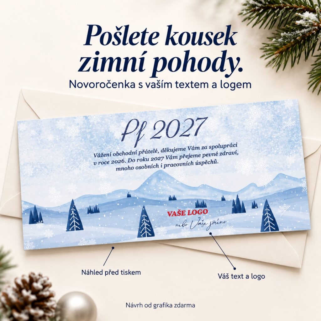 Zasnežená krajina – novoročenka s ponukou vlastného textu a loga.