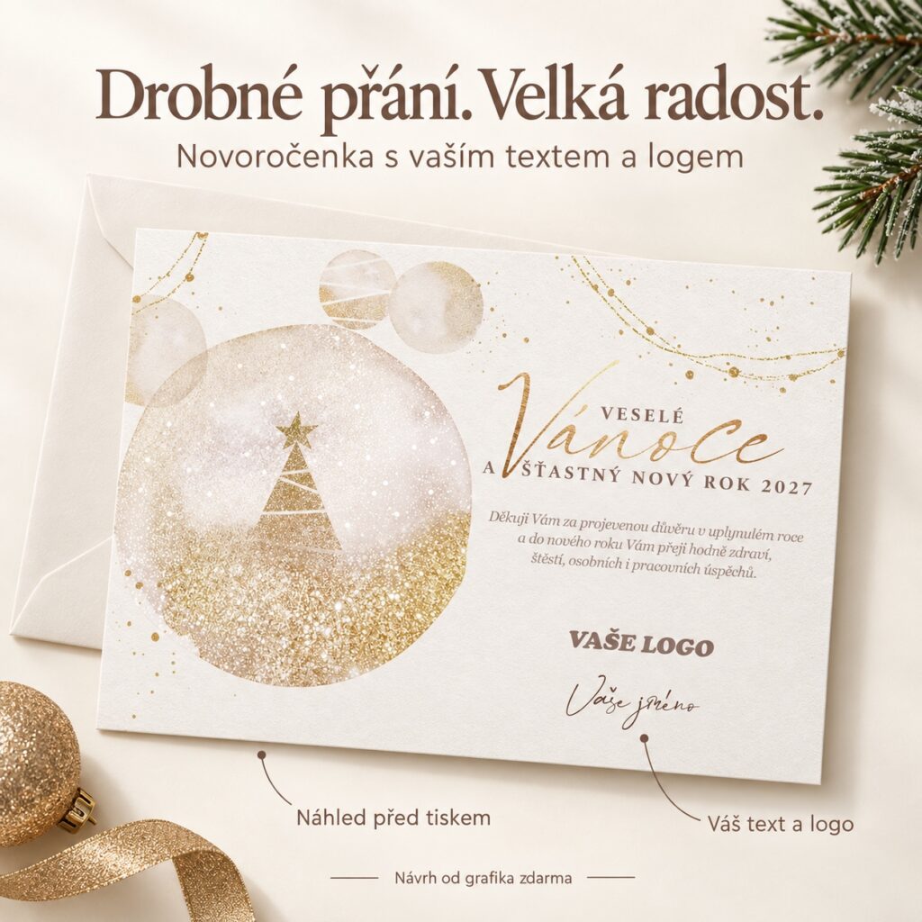Trblietavé zlaté prianie – novoročenka s ponukou vlastného textu a loga.