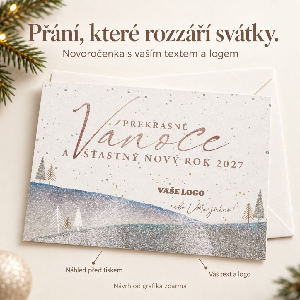 Trblietavé strieborné prianie – novoročenka s ponukou vlastného textu a loga.