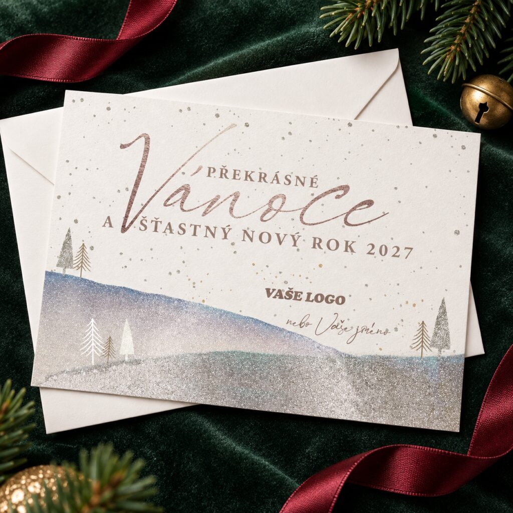 Trblietavé strieborné prianie – novoročenka s obálkou pri pohľade zhora.