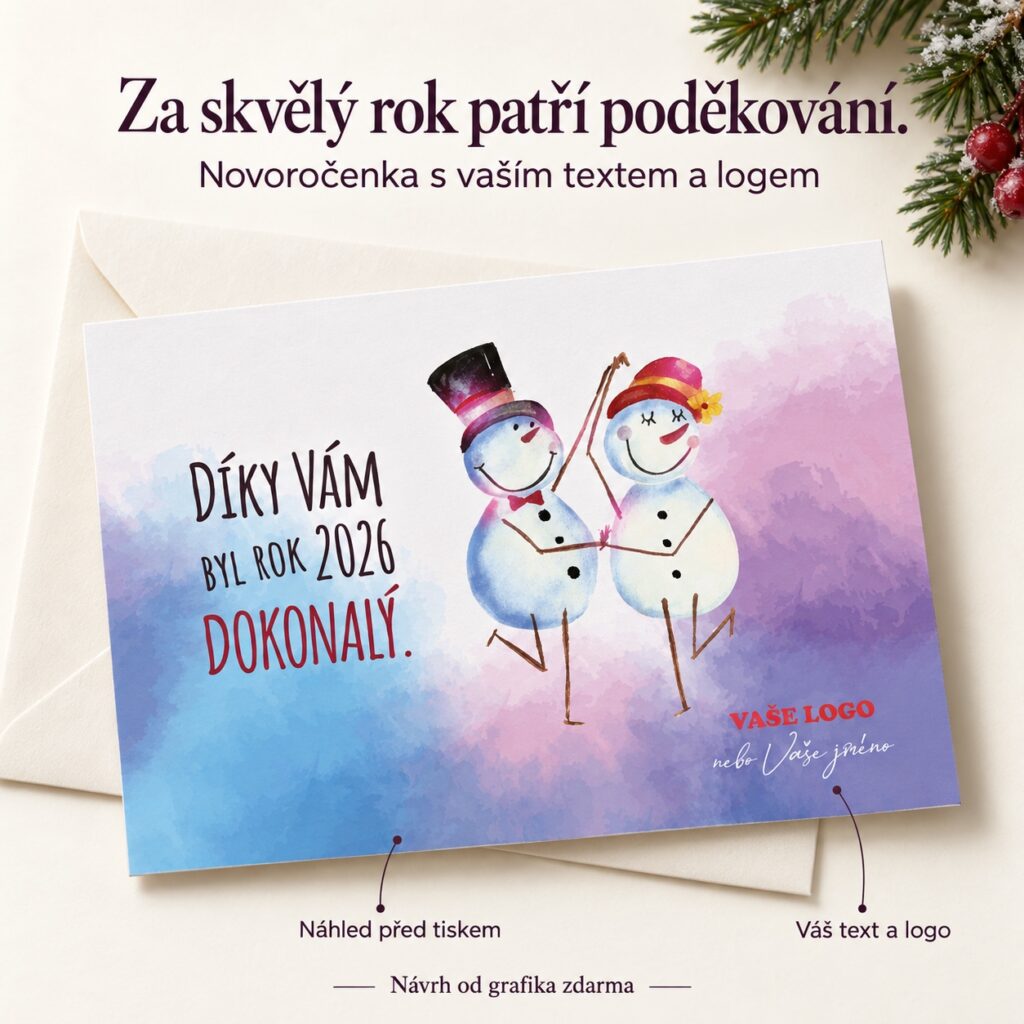 Tancujúci snehuliaci – novoročenka s ponukou vlastného textu a loga.