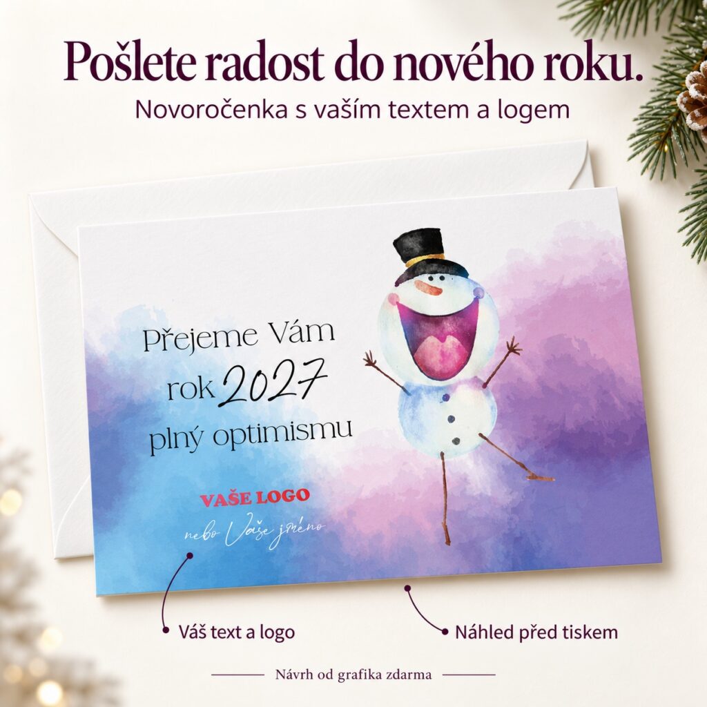 Veselý snehuliak – novoročenka s ponukou vlastného textu a loga.