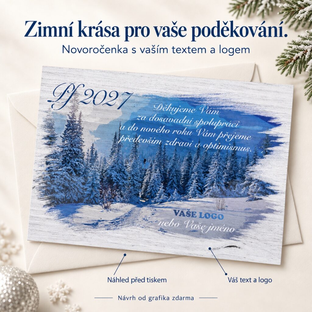 Zimná abstraktná krajina – novoročenka s ponukou vlastného textu a loga.