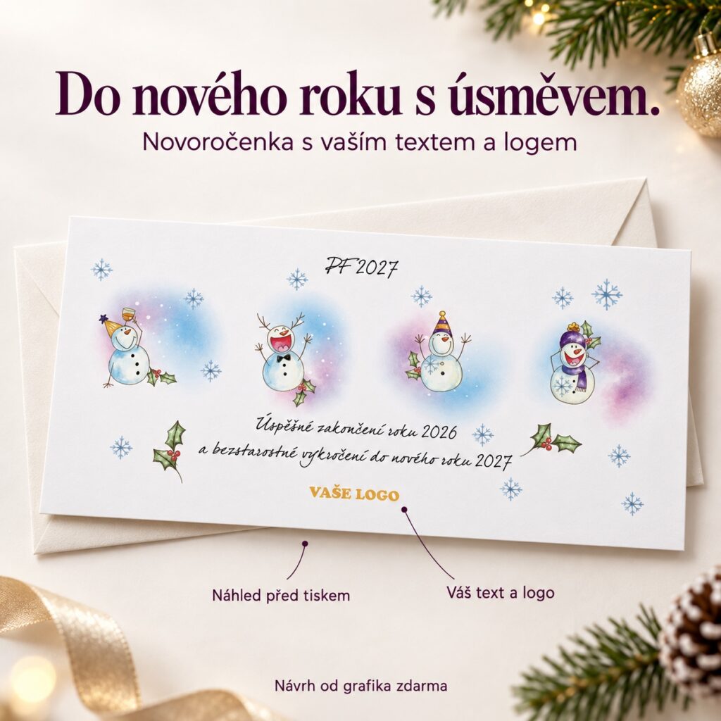 Farební snehuliaci – novoročenka s ponukou vlastného textu a loga.