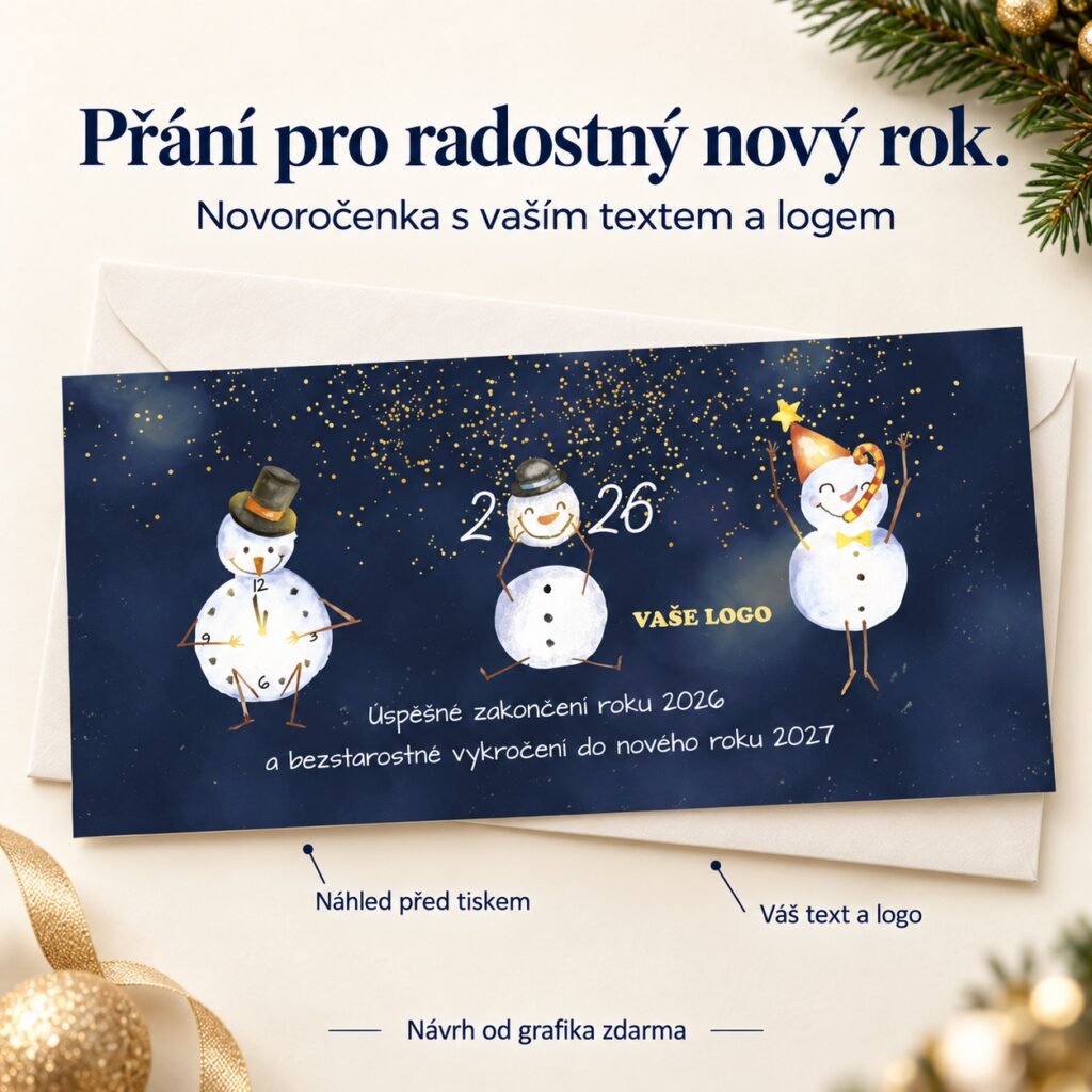Snehuliaci na nočnej oblohe – novoročenka s ponukou vlastného textu a loga.