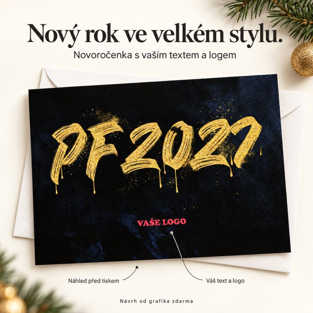 Zlatý nápis – novoročenka s ponukou vlastného textu a loga.