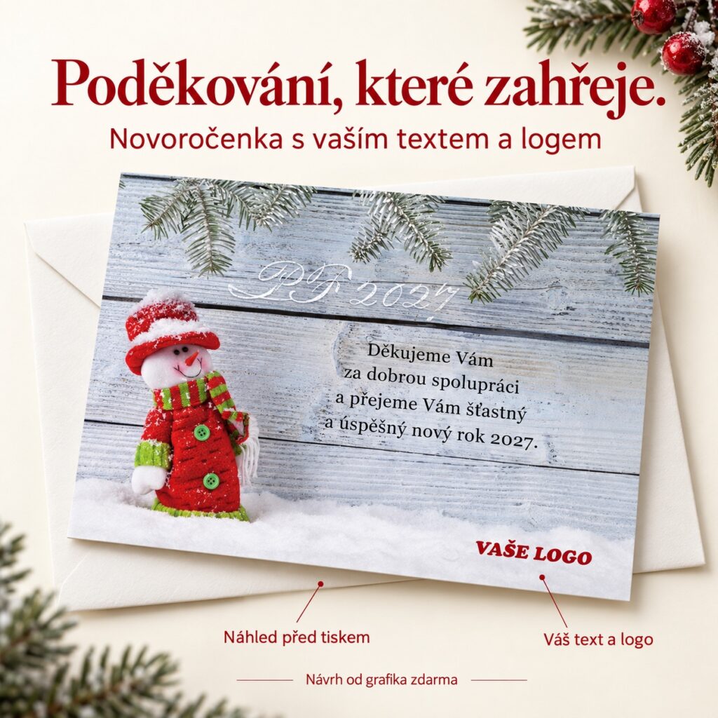 Snehuliak vo svetri – novoročenka s ponukou vlastného textu a loga.
