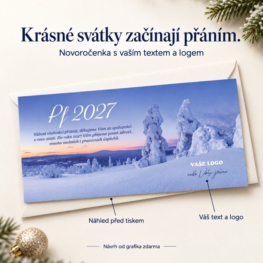 Zapadajúce slnko v zime – novoročenka s ponukou vlastného textu a loga.