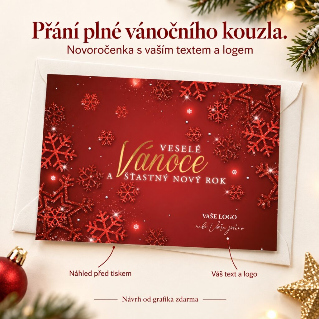 Červené vločky – novoročenka s ponukou vlastného textu a loga.