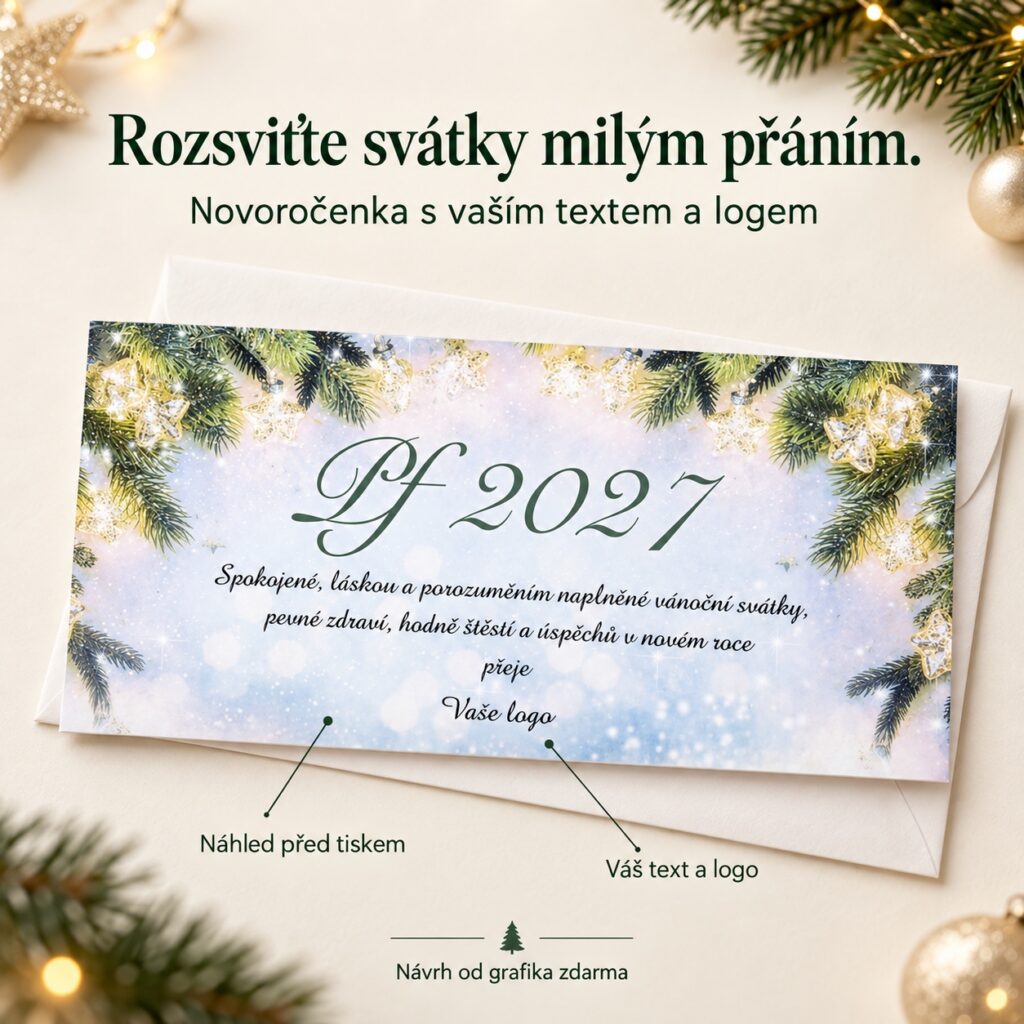 Vetvičky s ozdobami – novoročenka s ponukou vlastného textu a loga.