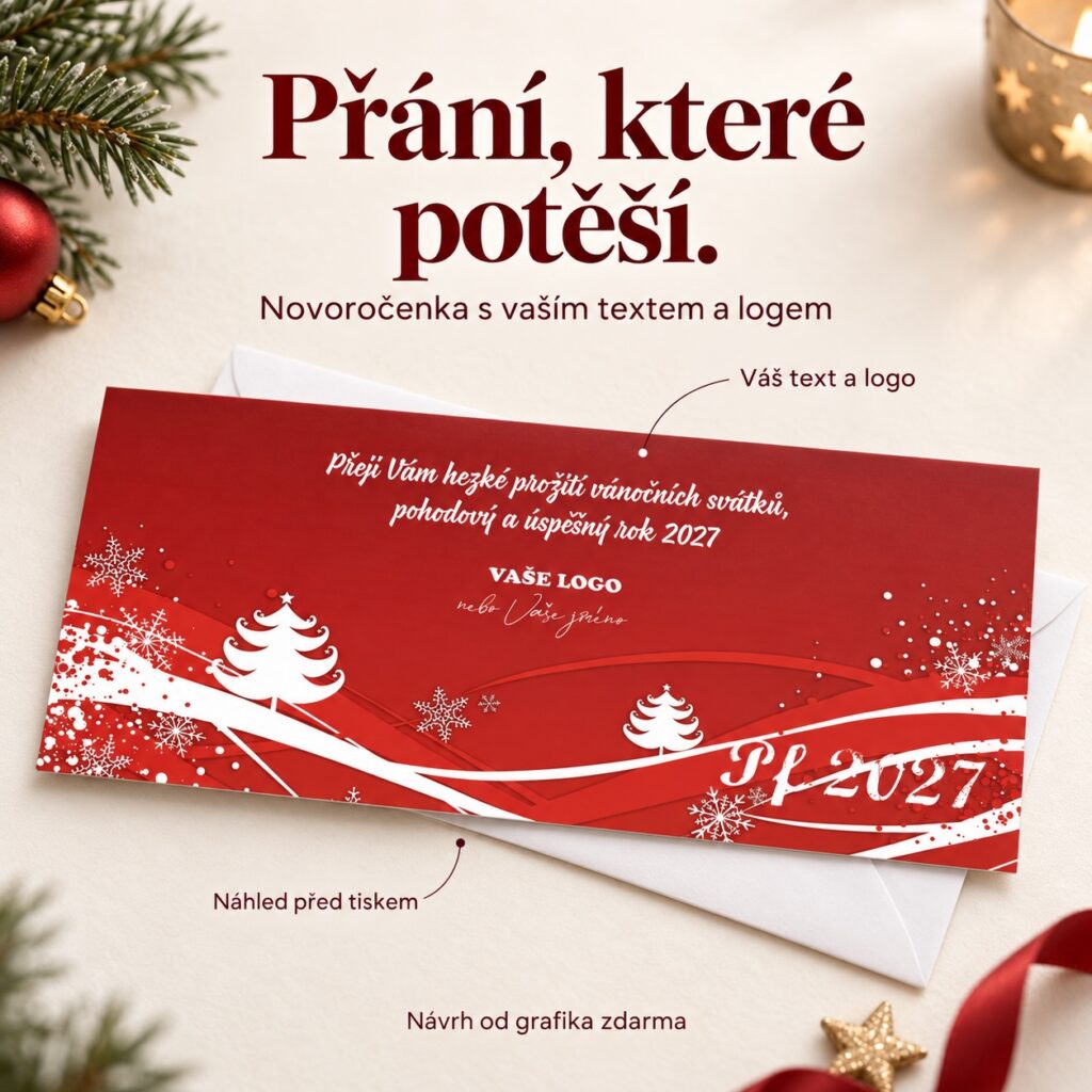 Novoročenka Vánoční koláž PF 2027 s nápisem Přání, které potěší, a informacemi o vlastním textu, logu a náhledu před tiskem.