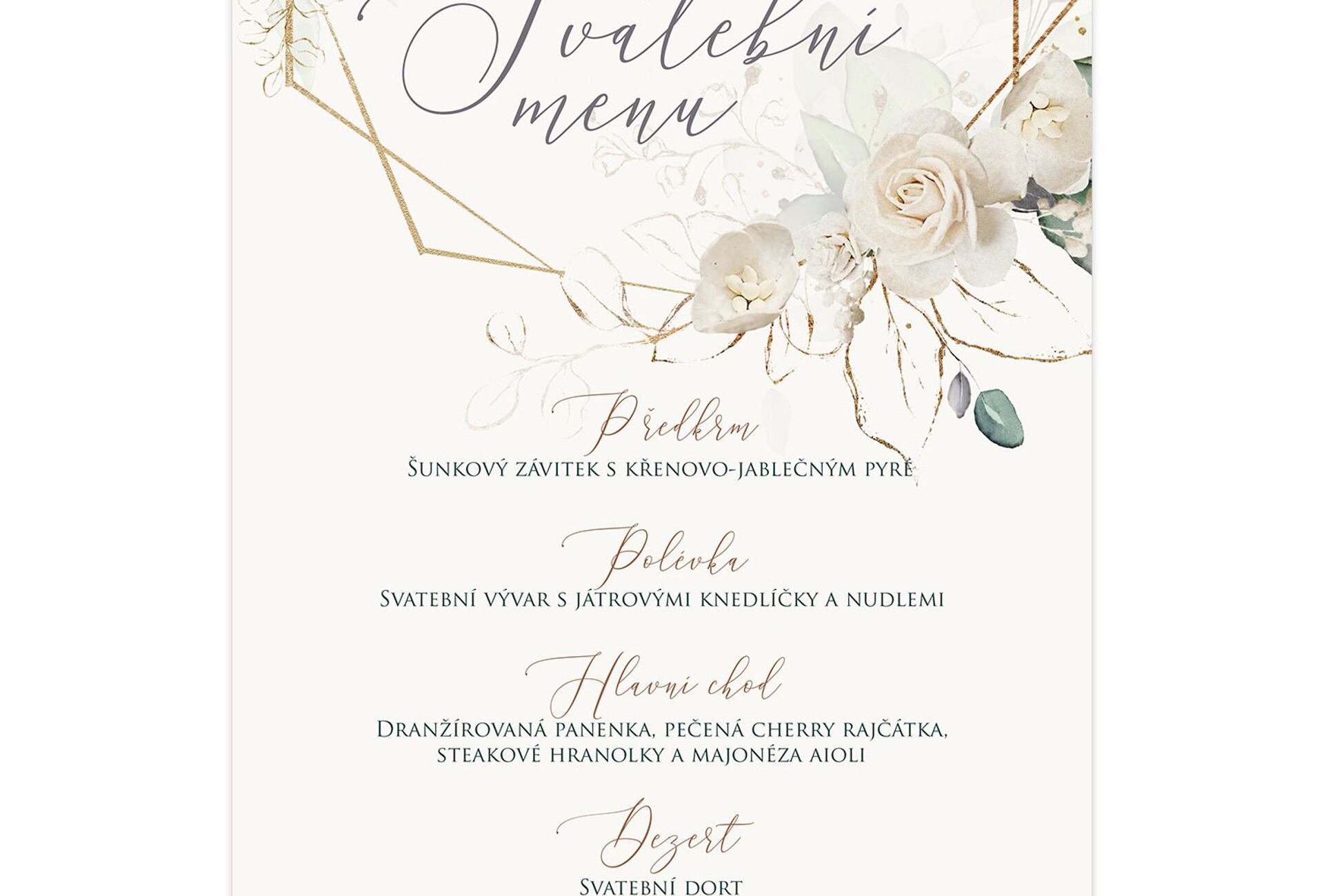 Tiskoviny na svatební den — menu, jmenovky, pozvánky
