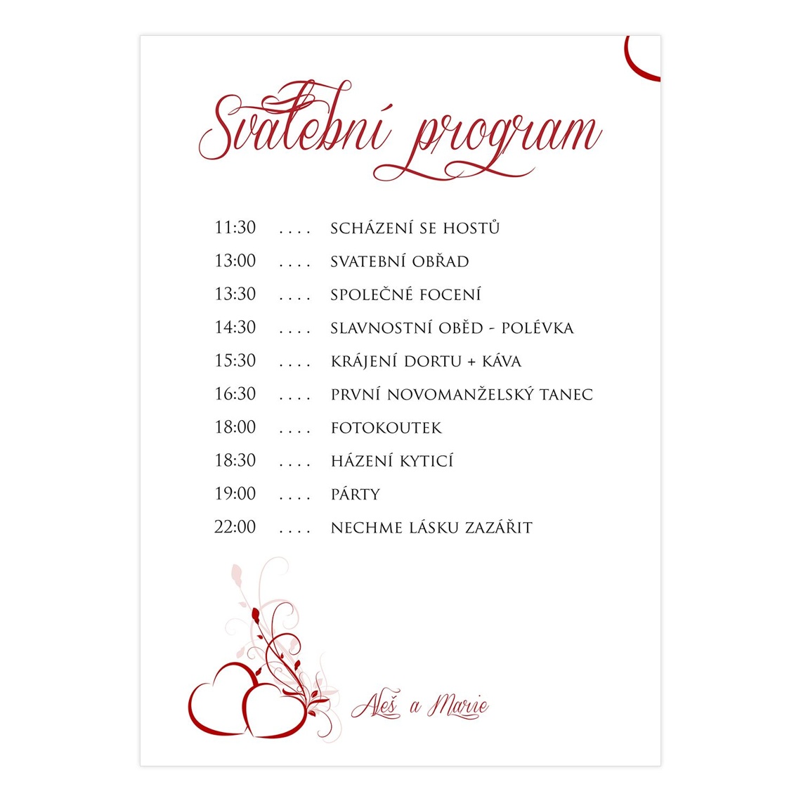 Svatební harmonogram 47 jako svatební harmonogram s programem dne