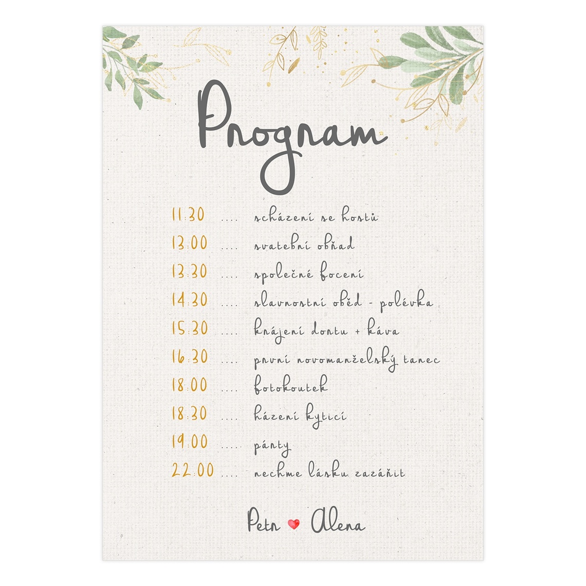 Svatební harmonogram 325 jako svatební harmonogram s programem dne