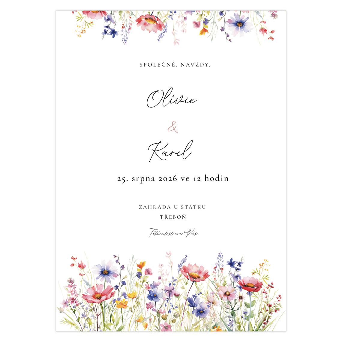 Svatební oznámení 356 – Růžová poetika s bílým laděním, fialovými tóny, květinovým motivem, modrými tóny a žlutými tóny