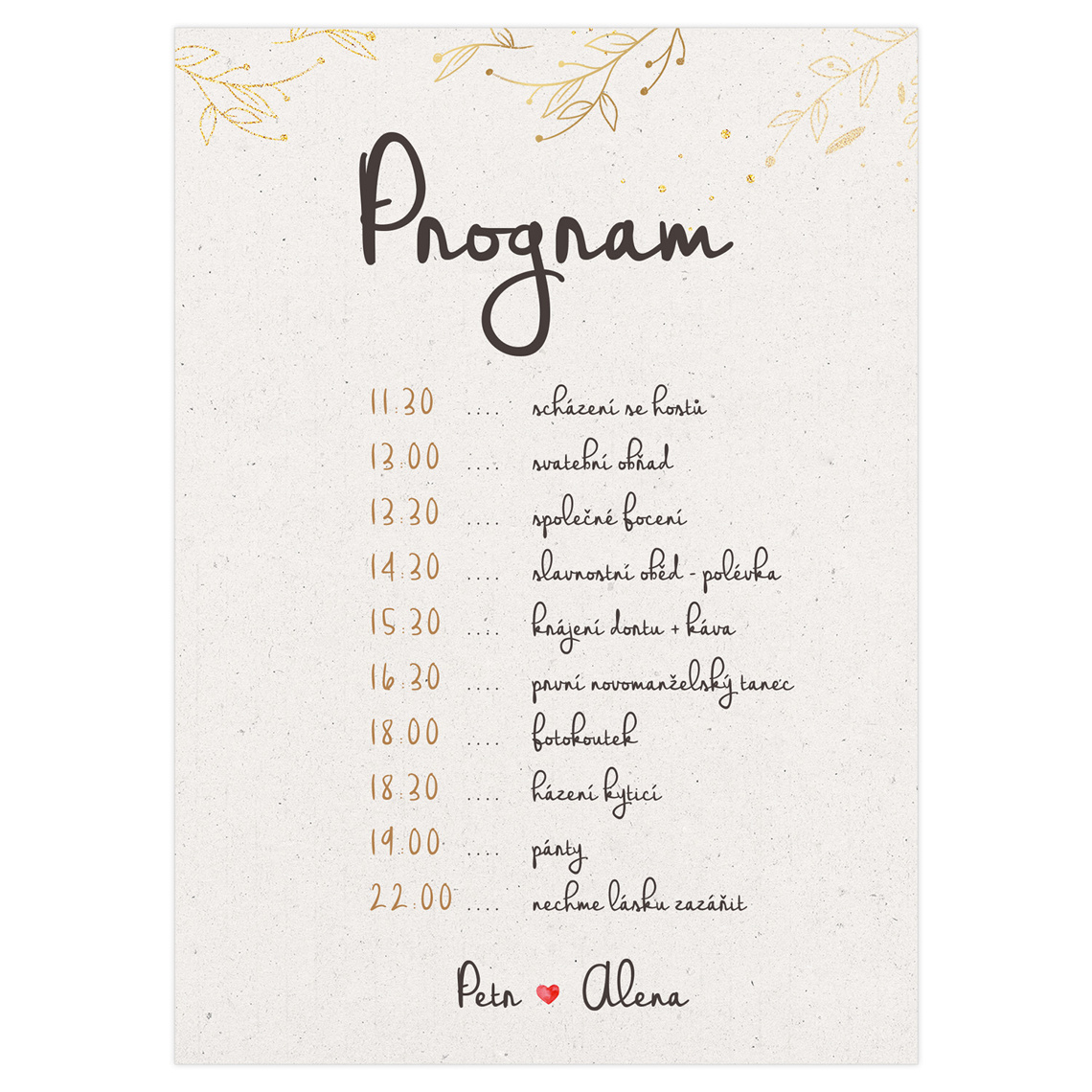 Svatební harmonogram 330 jako svatební harmonogram s programem dne