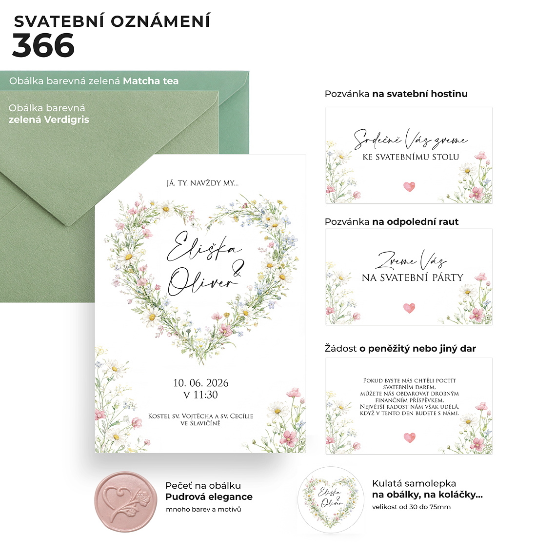 Detail produktu Svatební oznámení 366 – Boho luční květiny ve tvaru srdce na navázané fotografii